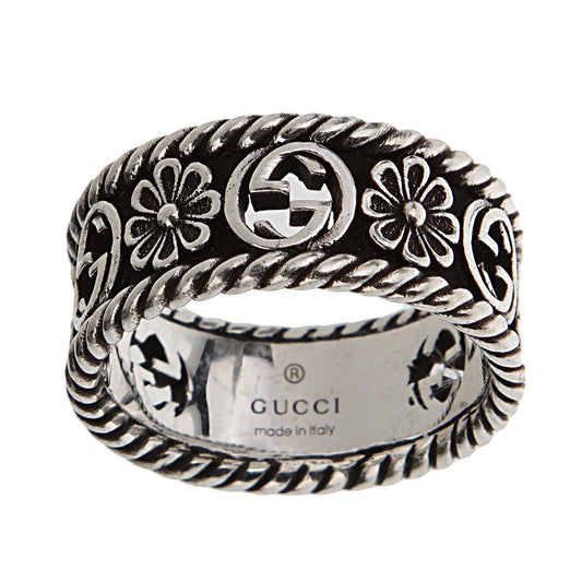 Gucci Sterling Silver Interlocking G Flower Band Ring Sz 6
