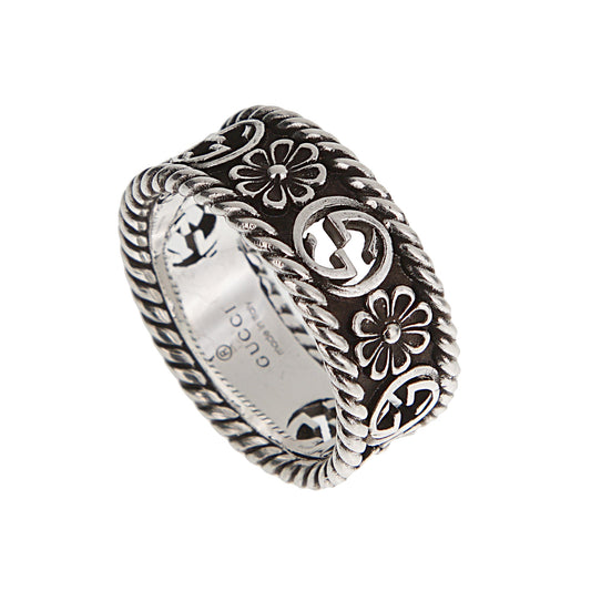 Gucci Sterling Silver Interlocking G Flower Band Ring Sz 7