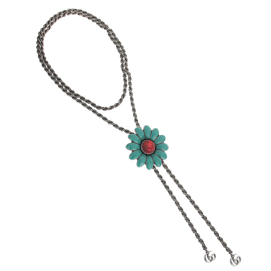 Gucci Enamel Sterling Silver Rope Flower Bolo Tie Necklace 46"