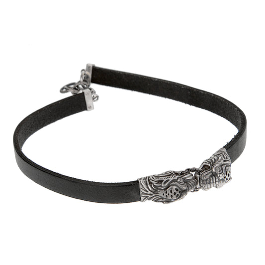 Gucci Double Tiger Leather Sterling Silver Choker Necklace Sz L