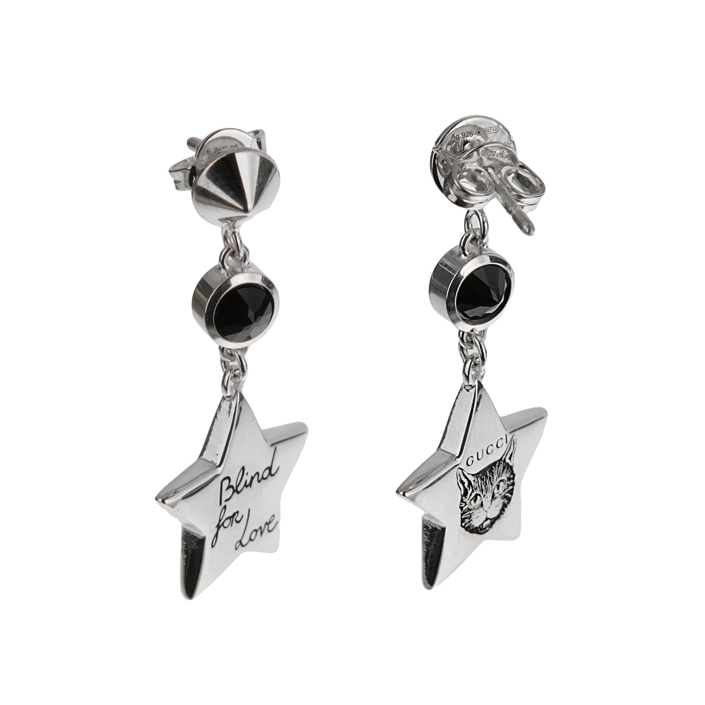 Gucci “Blind for Love” Feline Star Drop Onyx Earrings Sterling Silver
