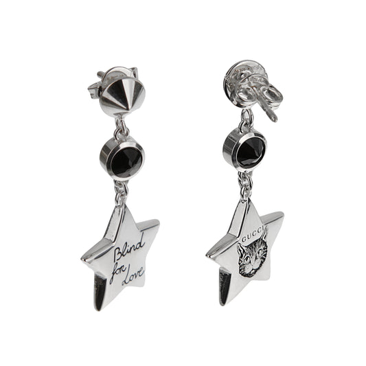Gucci “Blind for Love” Feline Star Drop Onyx Earrings Sterling Silver
