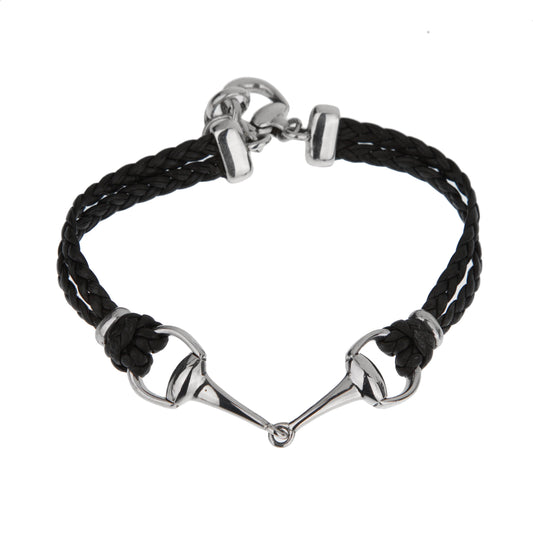 Gucci Horsebit Sterling Silver and Braided Black Leather Bracelet - 7 1/2"