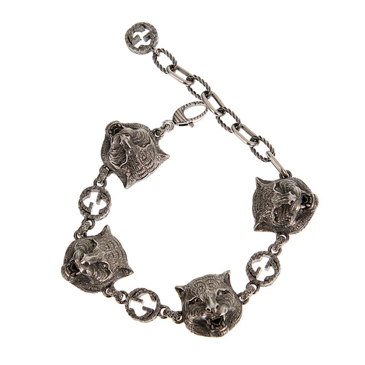 Gucci Aged Sterling Silver Interlocking G Feline Charm Bracelet