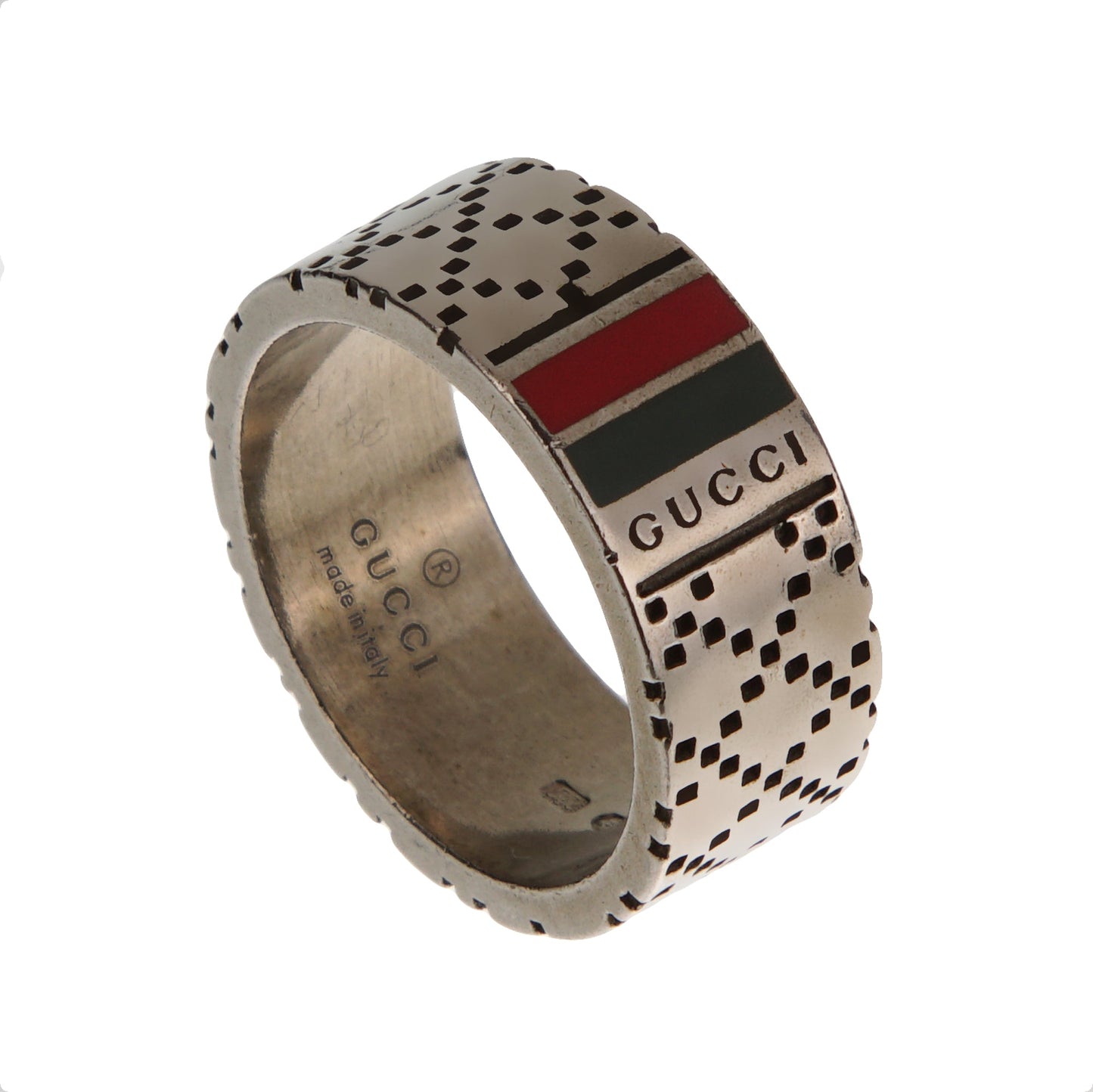 Gucci Aged Sterling Silver Logo Band Ring with Enamel Inlay – Size 6 1/2