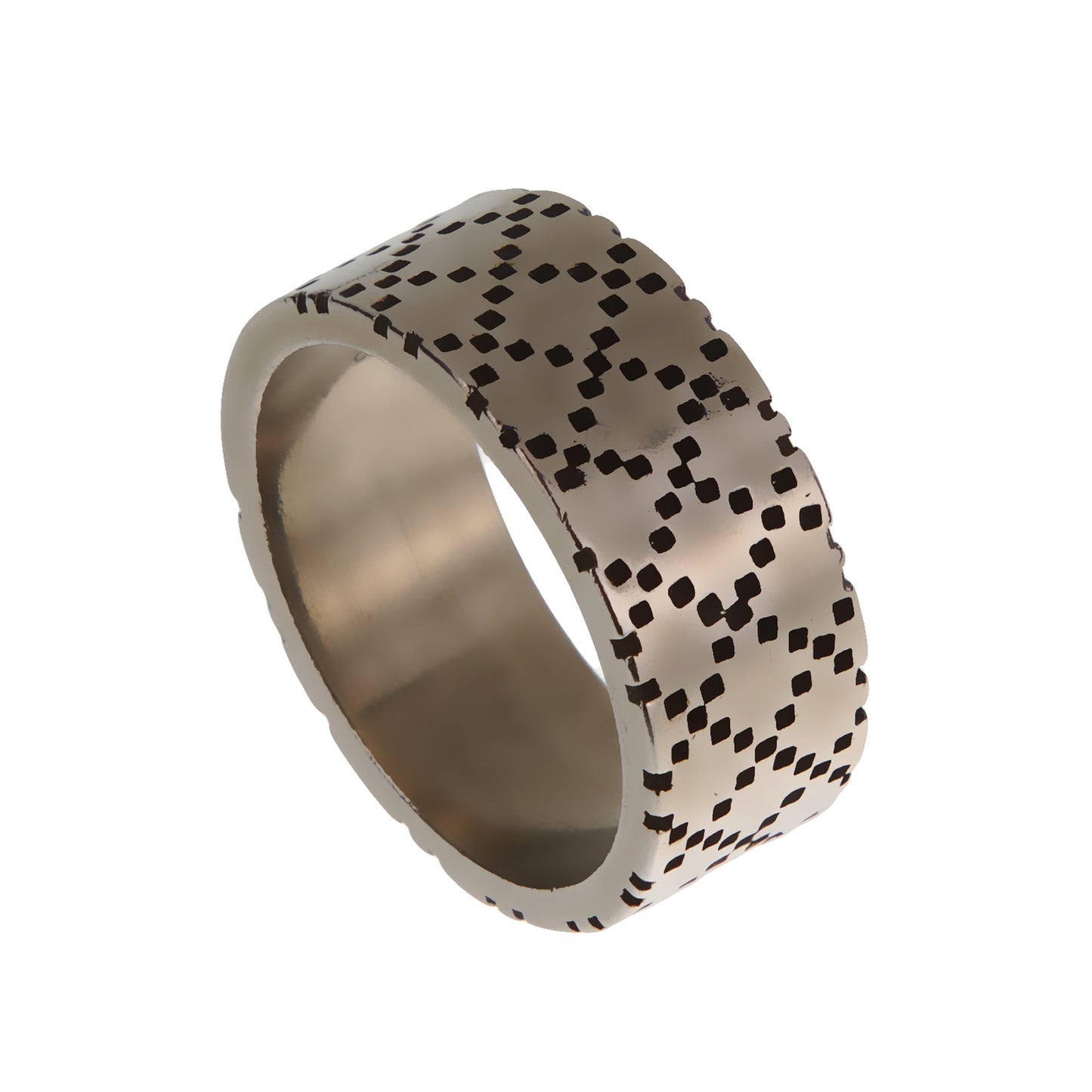 Gucci Aged Sterling Silver Logo Band Ring with Enamel Inlay – Size 6 1/2