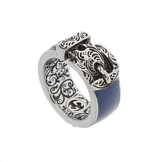 Gucci Sterling Silver Blue Enamel Buckle Ring with Tiger - Size 6 1/2