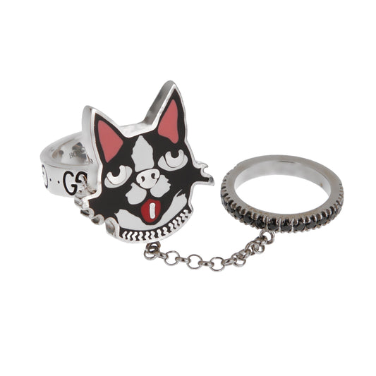 Gucci Bosco & Orso Sterling Silver Black Spinel Double Enamel Ring Sz 5