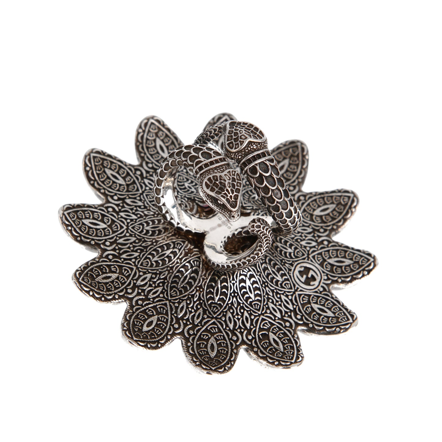 Gucci Sterling Silver and Enamel Daisy Ring with Snake Detail Sz 5 1/2