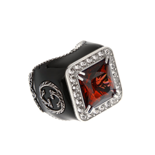 Gucci Sterling Silver Red Crystal Cocktail Ring with Black Enamel