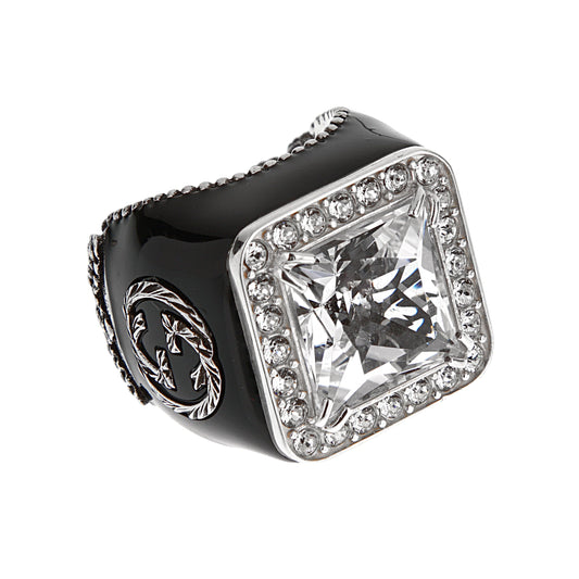 Gucci Sterling Silver Clear Crystal Cocktail Ring with Black Enamel