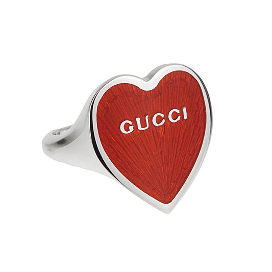 Gucci Red Enamel Heart Sterling Silver Ring Size 6 1/2