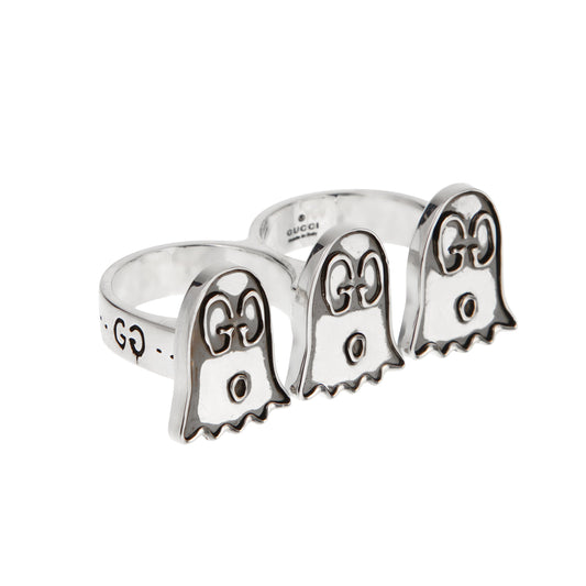 Gucci Ghost Sterling Silver Triple Motif Two Finger Ring Sz 4 & 5