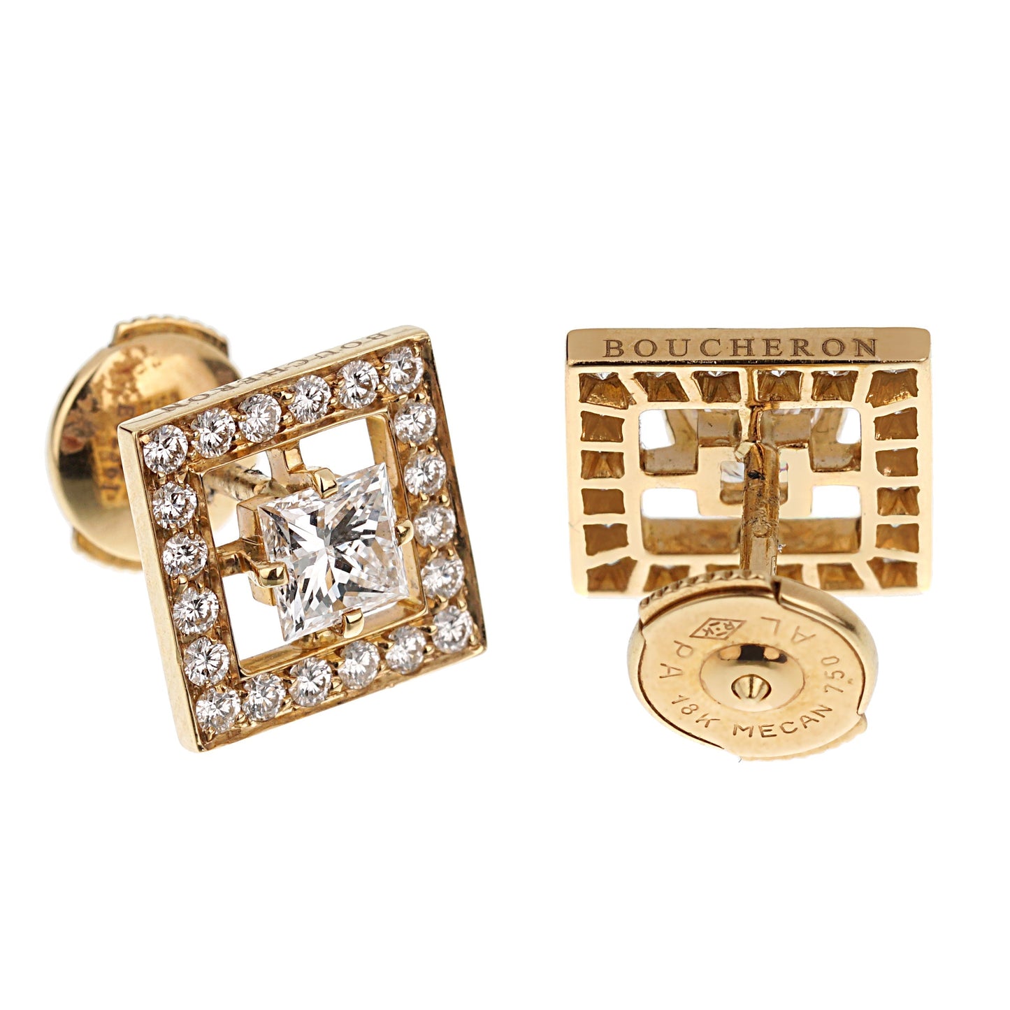 Boucheron Princess Cut Diamond Stud 18k Yellow Gold Earrings