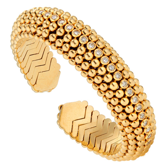 Bvlgari Dolce Vita 1950's Beaded Spiga Diamond 18k Yellow Gold Cuff Bracelet