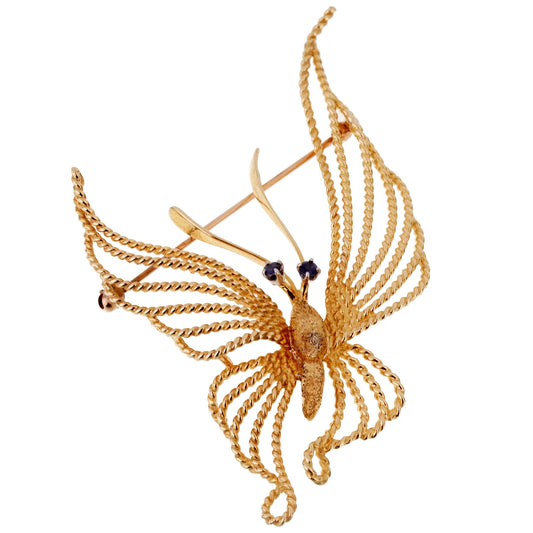 Cartier 1960s Butterfly Sapphire 18 Karat Yellow Gold Brooch