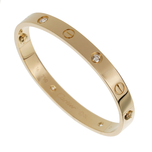 Cartier 4 Diamond 18k Yellow Gold Love Classic Bangle Bracelet Sz 16