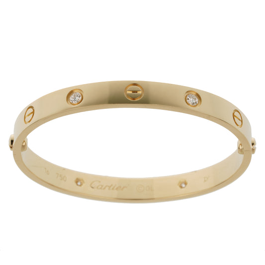 Cartier 4 Diamond 18k Yellow Gold Love Classic Bangle Bracelet Sz 16