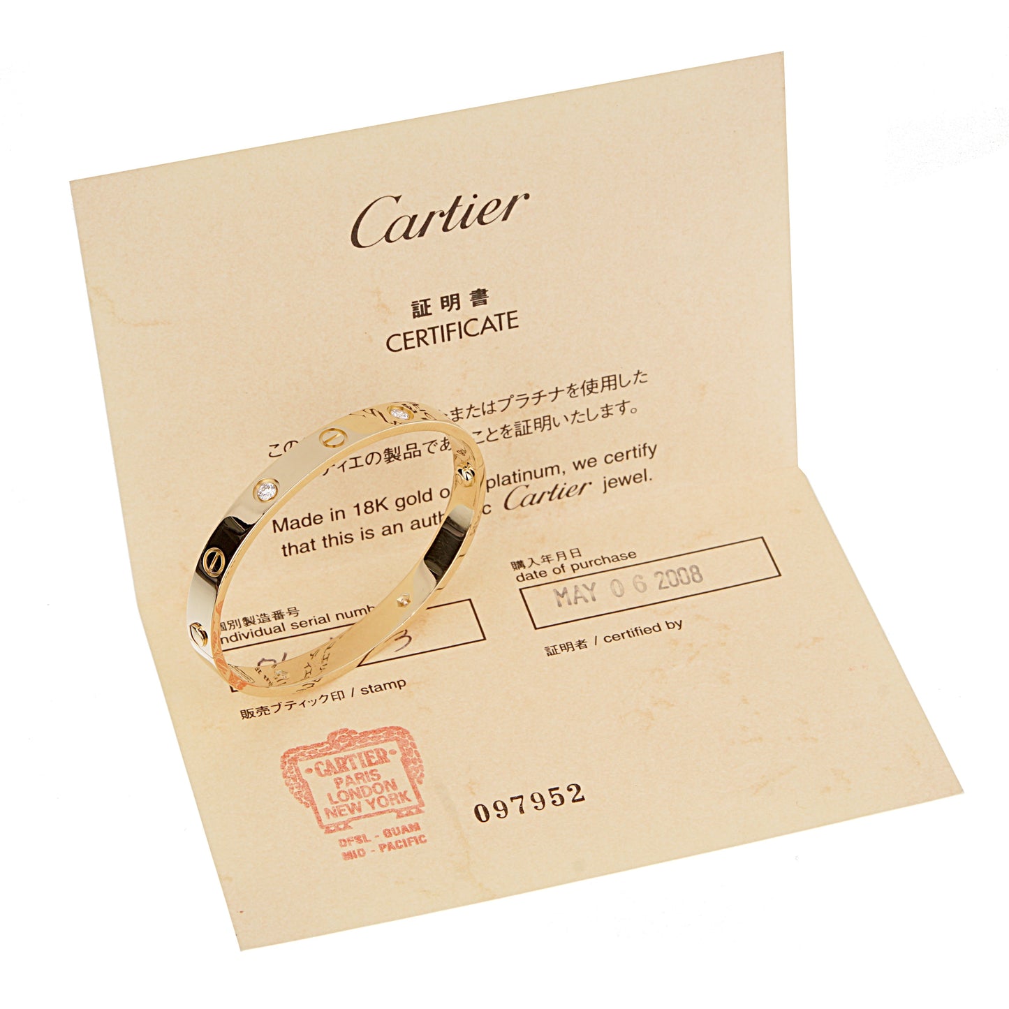 Cartier 4 Diamond 18k Yellow Gold Love Classic Bangle Bracelet Sz 16