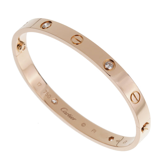Cartier Love Classic 4 Diamond 18k Rose Gold Bangle Bracelet Sz 17