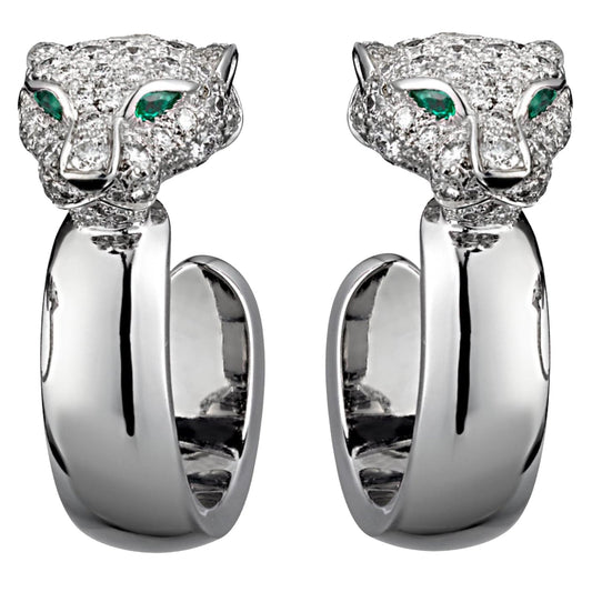 Cartier Panthere Diamond Emerald White Gold Hoop Earrings