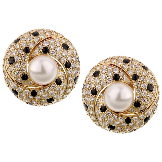 Cartier Panthere Diamond Pearl Yellow Gold Vintage Clip On Earrings