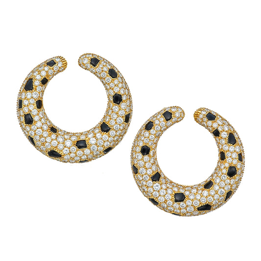 Cartier Panthere Onyx Diamond 18k Yellow Gold Vintage Hoop Earrings