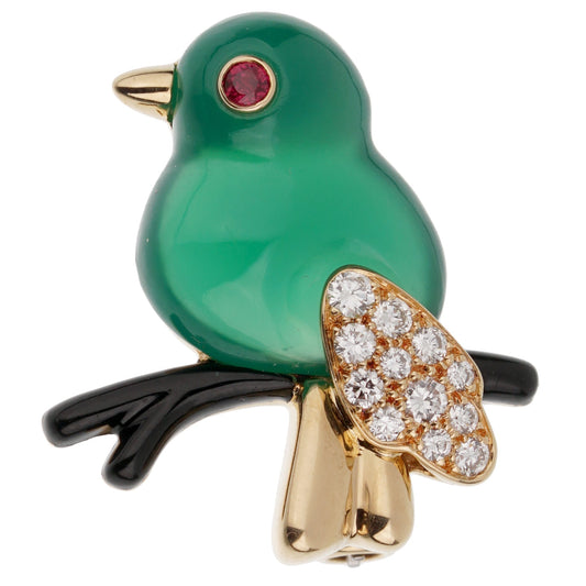 Cartier Vintage Bird on a Branch 18k Gold Chrysoprase Ruby Onyx Brooch