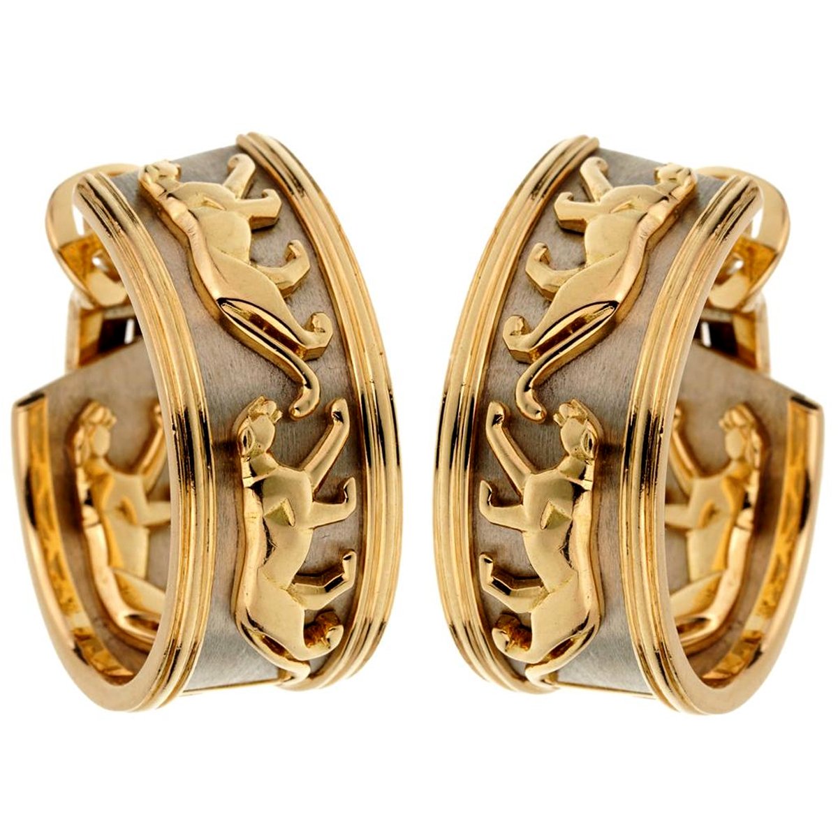 Cartier Vintage Walking Panthere 18k Yellow & White Gold Hoop Earrings