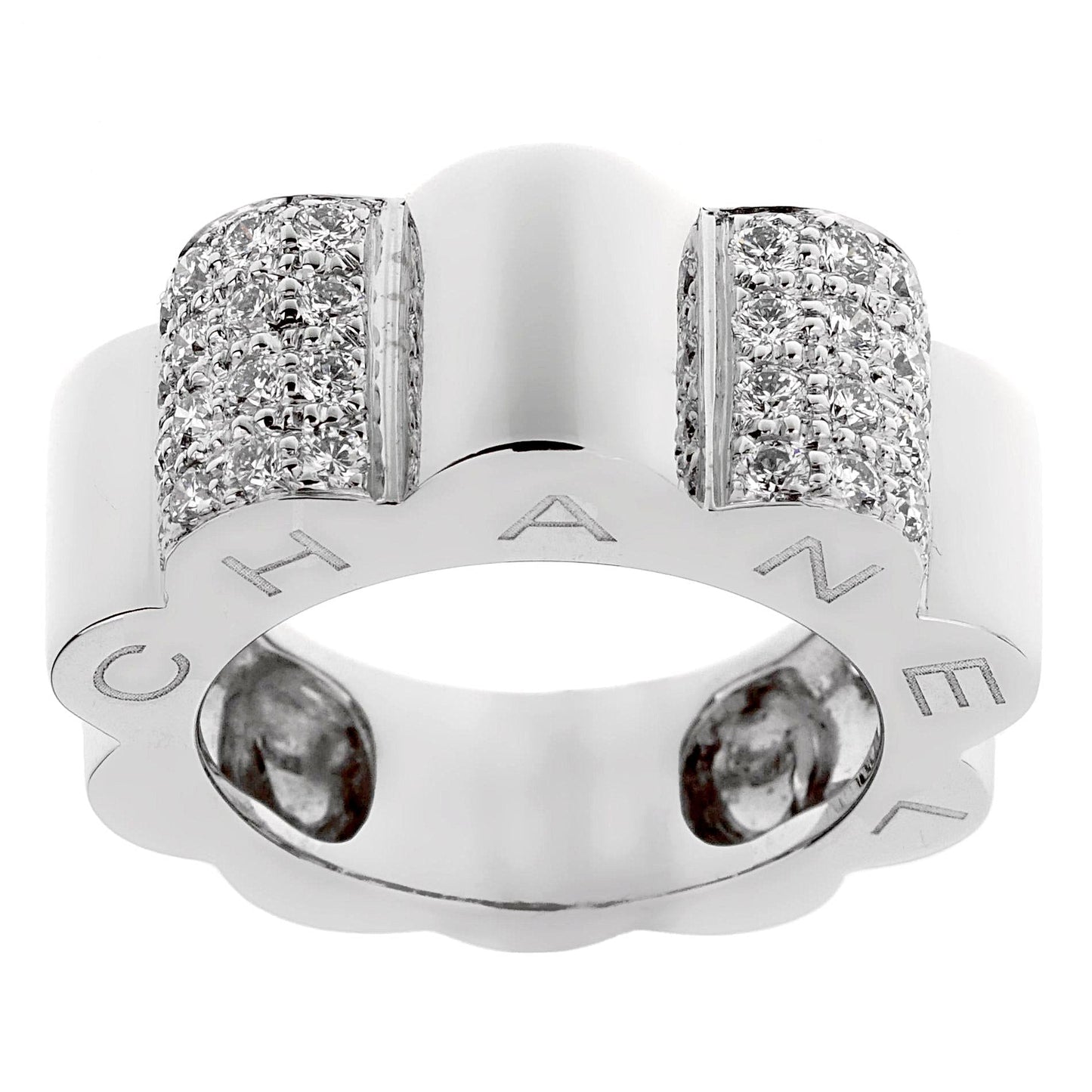 Chanel Camellia White Gold Diamond Cocktail Ring Sz 5 1/2