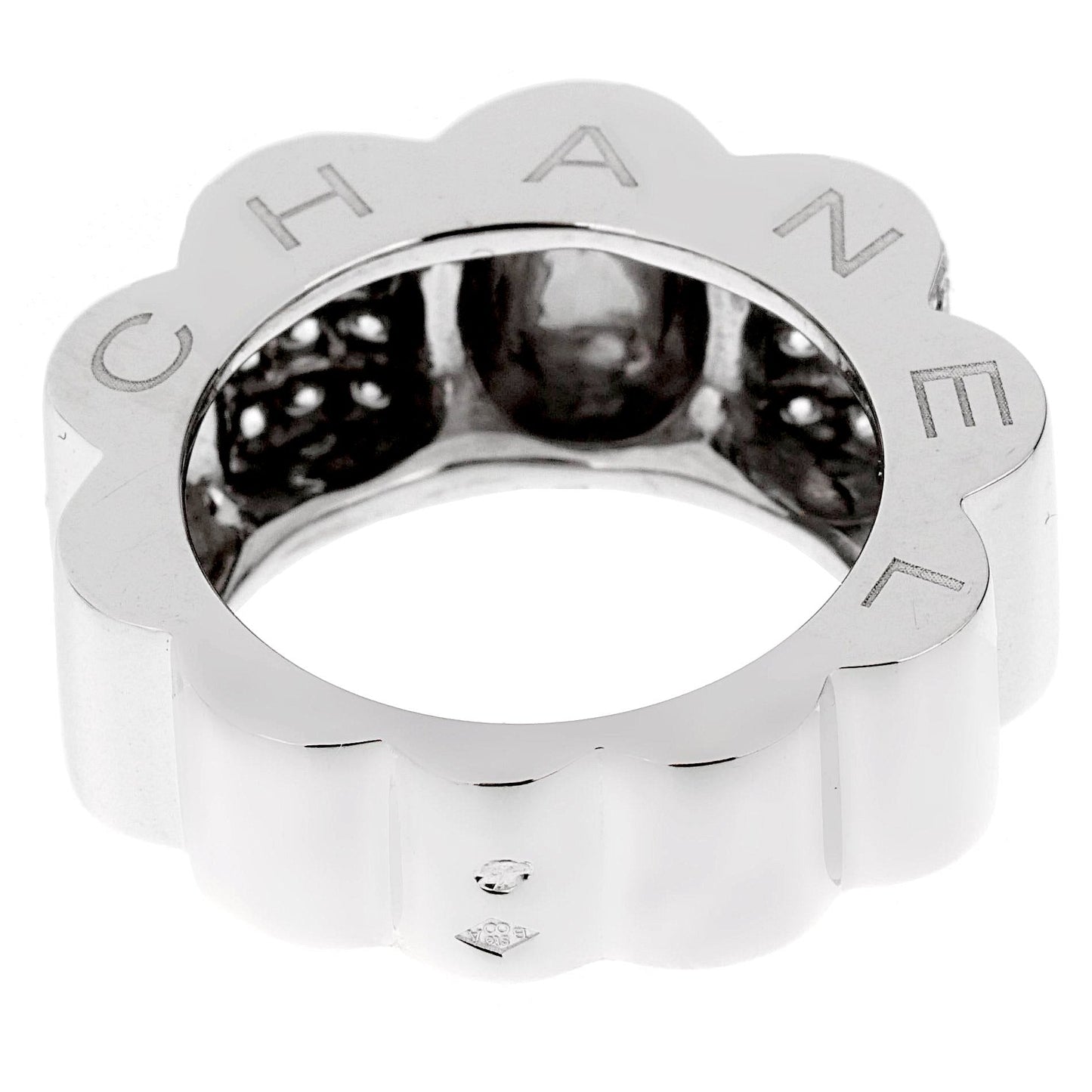 Chanel Camellia White Gold Diamond Cocktail Ring Sz 5 1/2