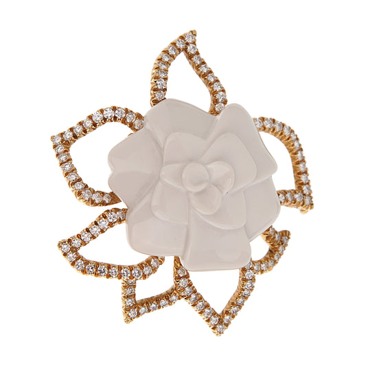 Chanel Camelia 18k Yellow Gold Diamond Brooch Pendant Necklace