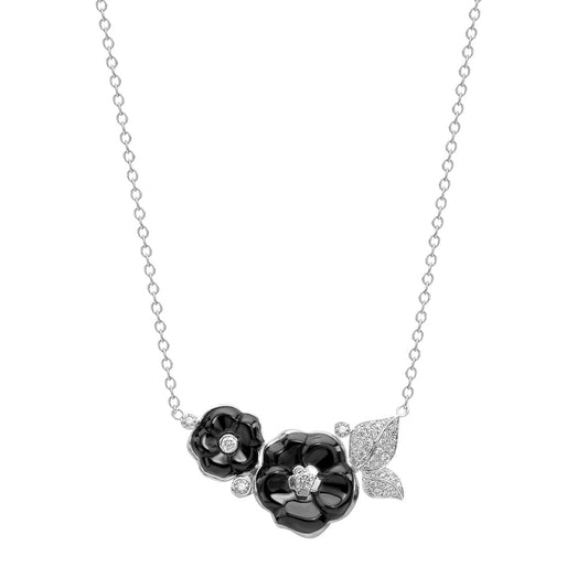 Chanel Camellia Galbe Diamond Ceramic White Gold Pendant Necklace