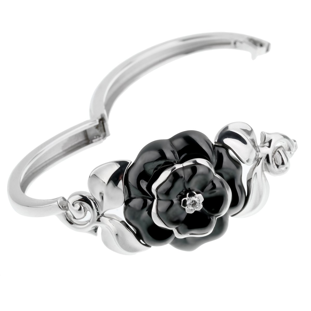 Chanel Camellia Onyx Diamond White Gold Bangle Bracelet