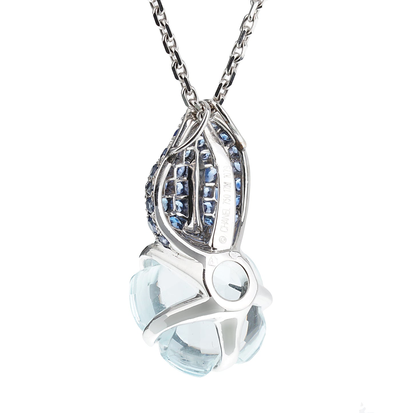 Chanel Camellia Sapphire 18k White Gold Pendant Necklace