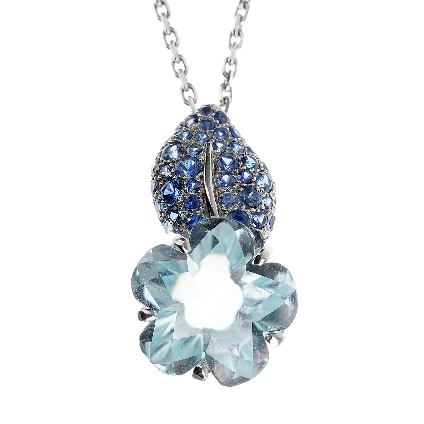 Chanel Camellia Sapphire 18k White Gold Pendant Necklace