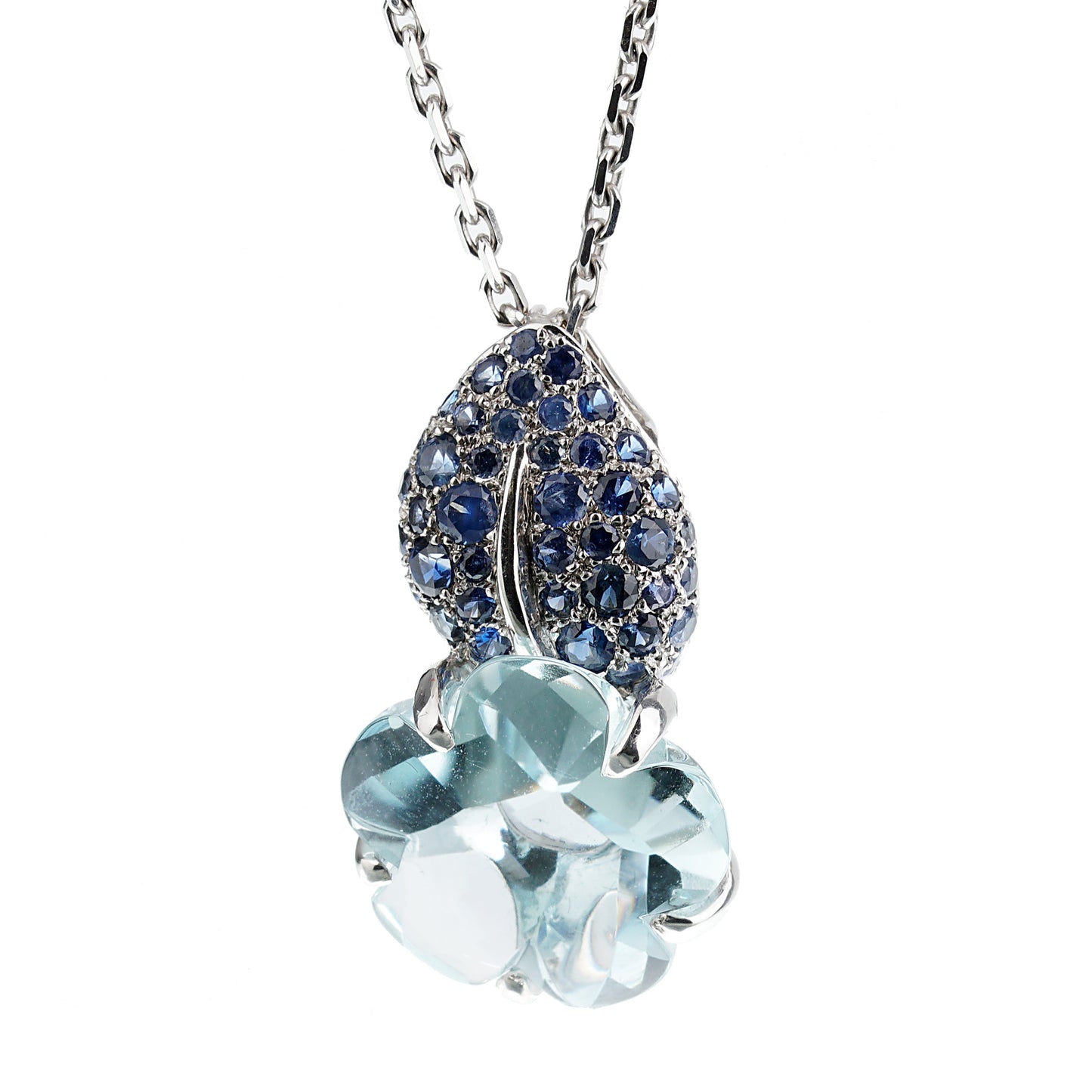 Chanel Camellia Sapphire 18k White Gold Pendant Necklace