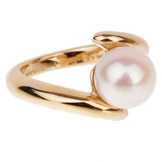 Chanel Pearl Bypass Yellow Gold Ring Sz 4 1/2