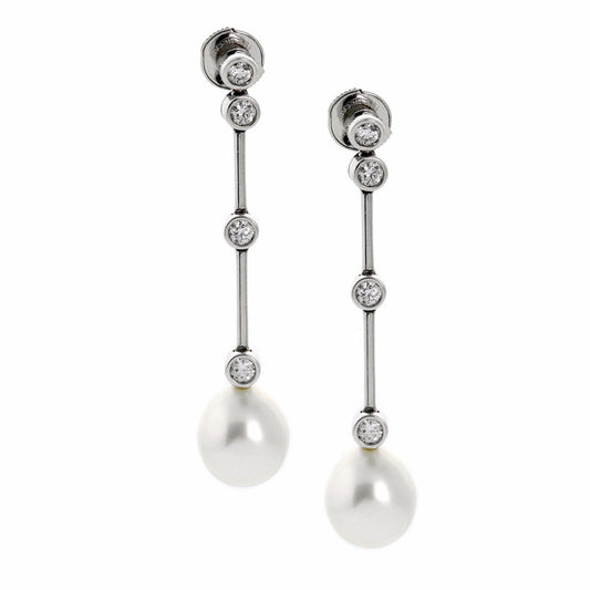 Chanel Pearl Diamond 18k White Gold Drop Earrings