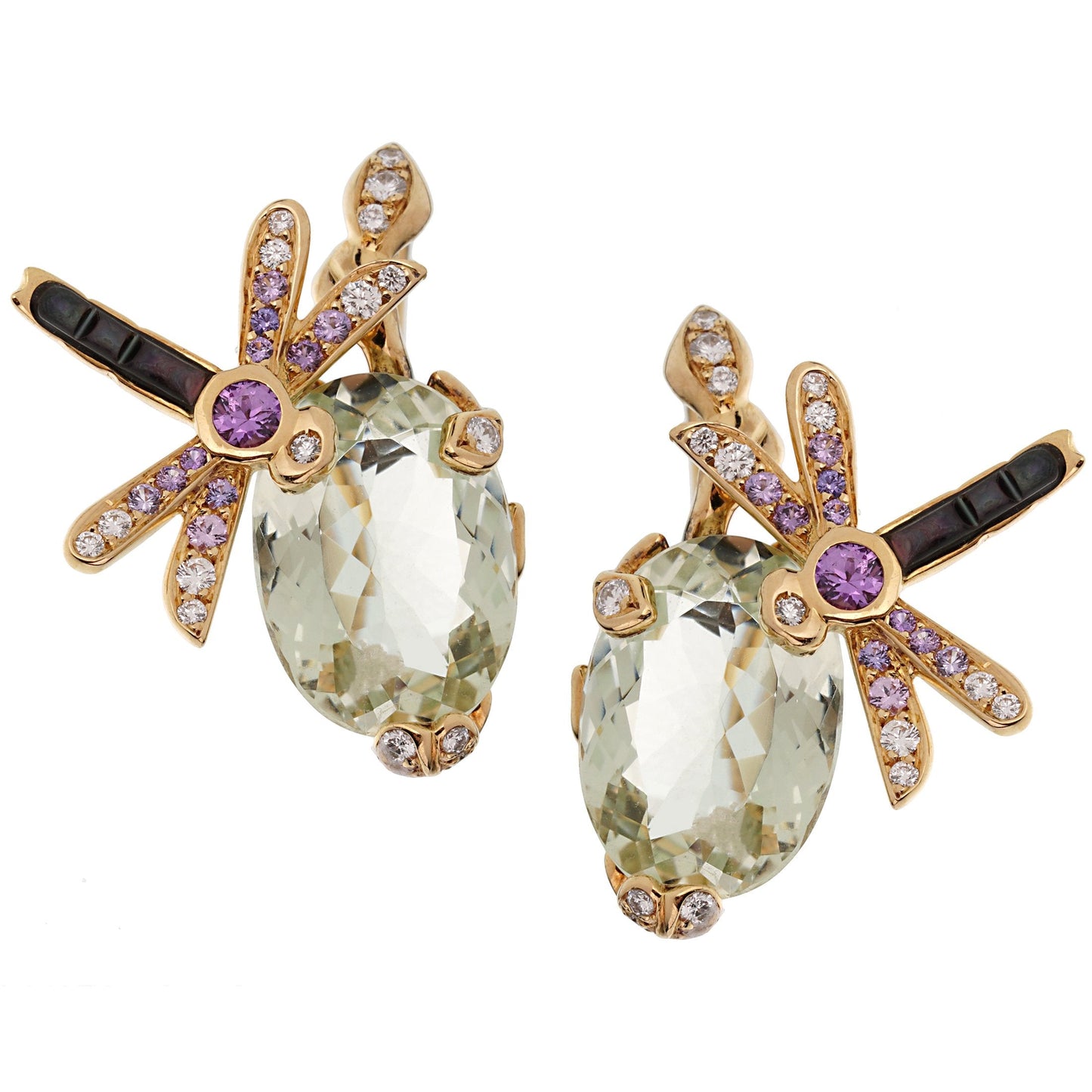 Dior Dragonfly Green Beryl Diamond Sapphire 18k Yellow Gold Earrings