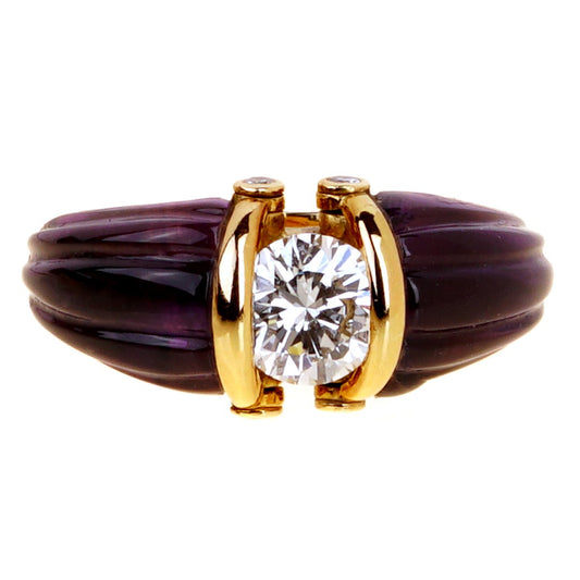 Dior Carved Amethyst Diamond Solitaire 18k Yellow Gold Ring
