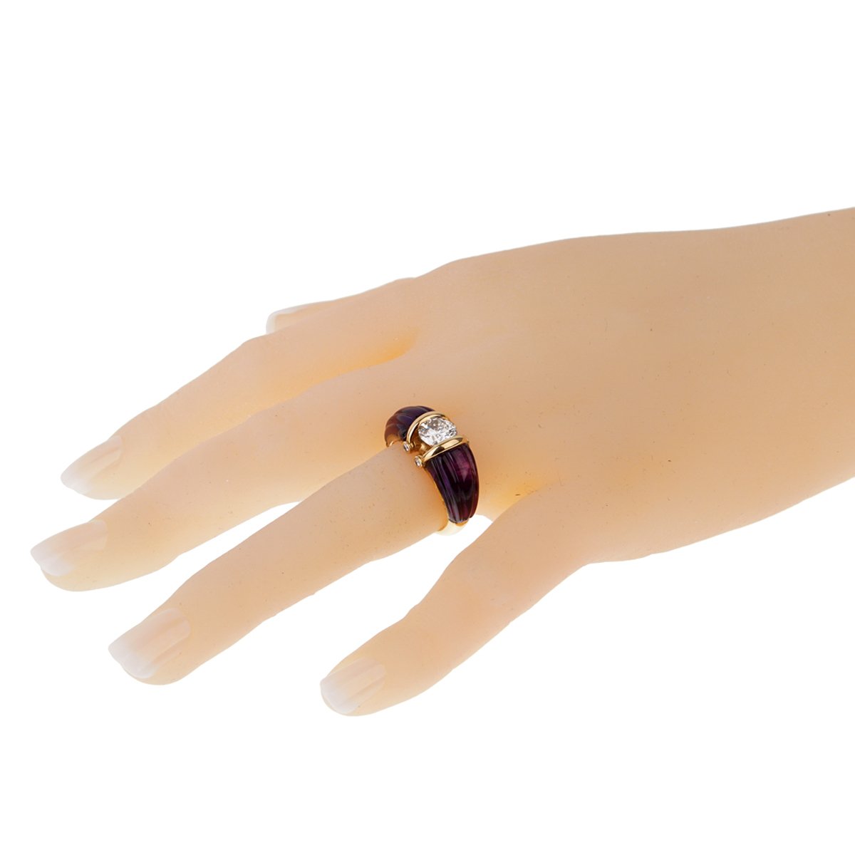 Dior Carved Amethyst Diamond Solitaire 18k Yellow Gold Ring