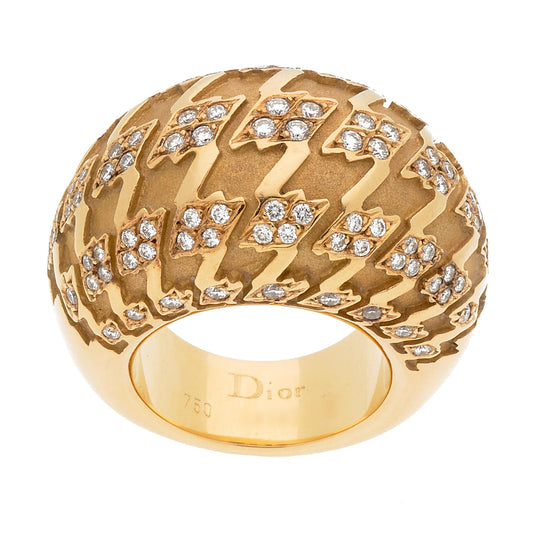 Dior Houndstooth 18k Yellow Gold Diamond Bombe Cocktail Ring