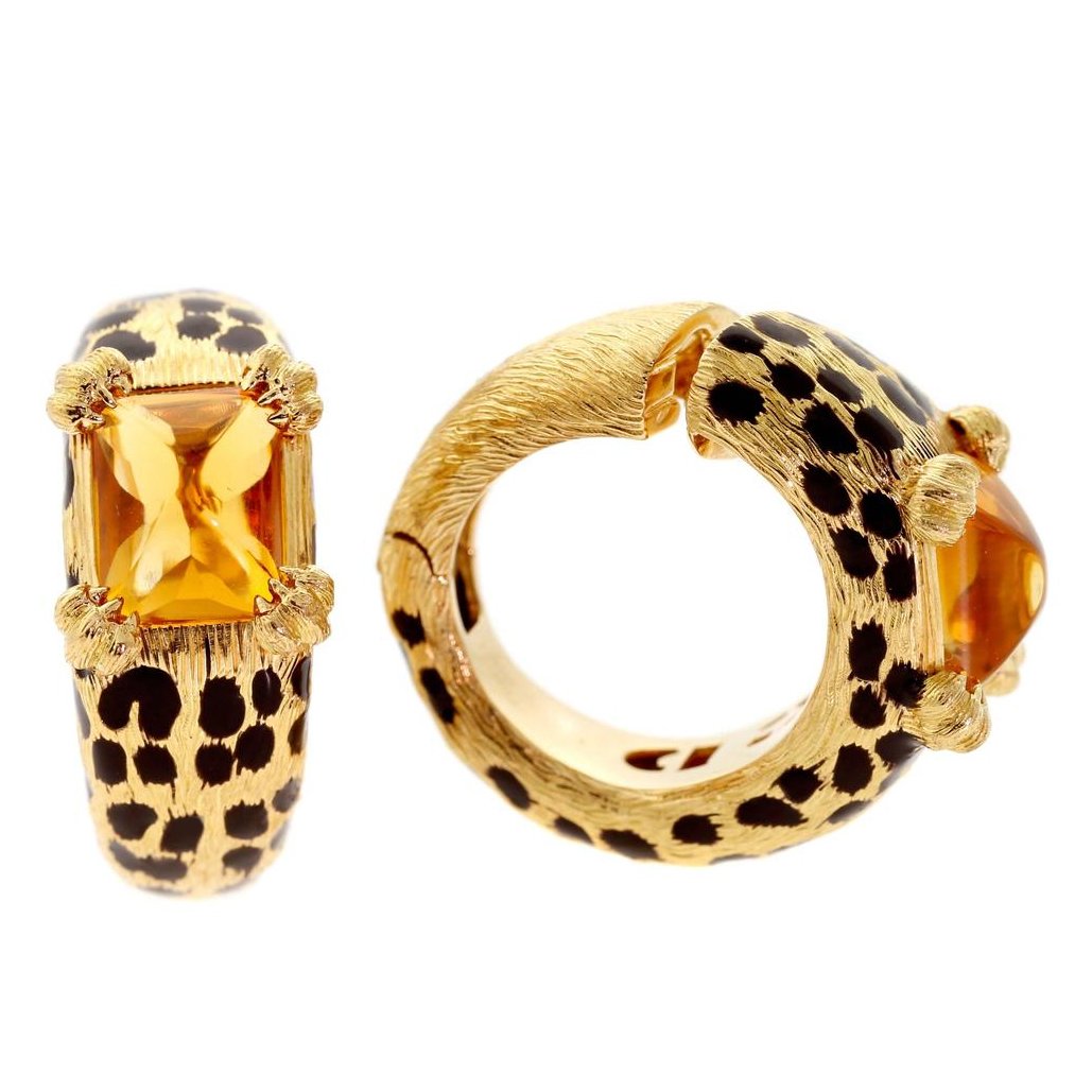 Dior Leopard Enamel & Citrine 18k Yellow Gold Earrings