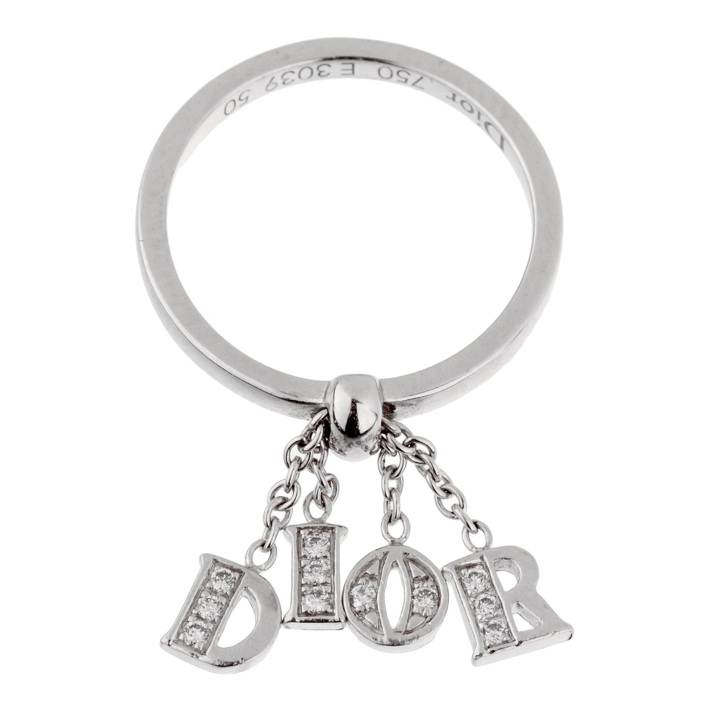 Dior 18k White Gold Diamond Dangling Ring Sz 5