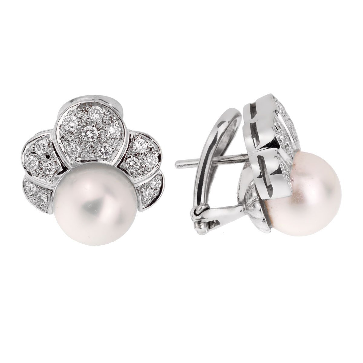 Estate Pearl Diamond White Gold Earrings
