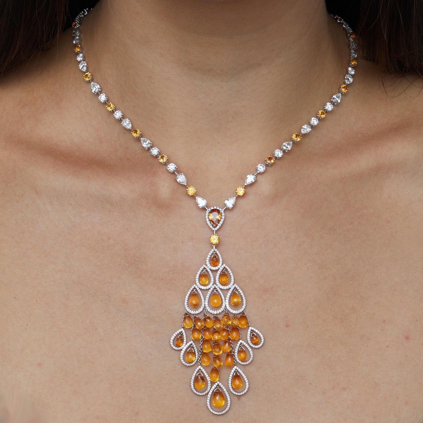 Graff Briolette Orange Sapphire Diamond White Gold Necklace