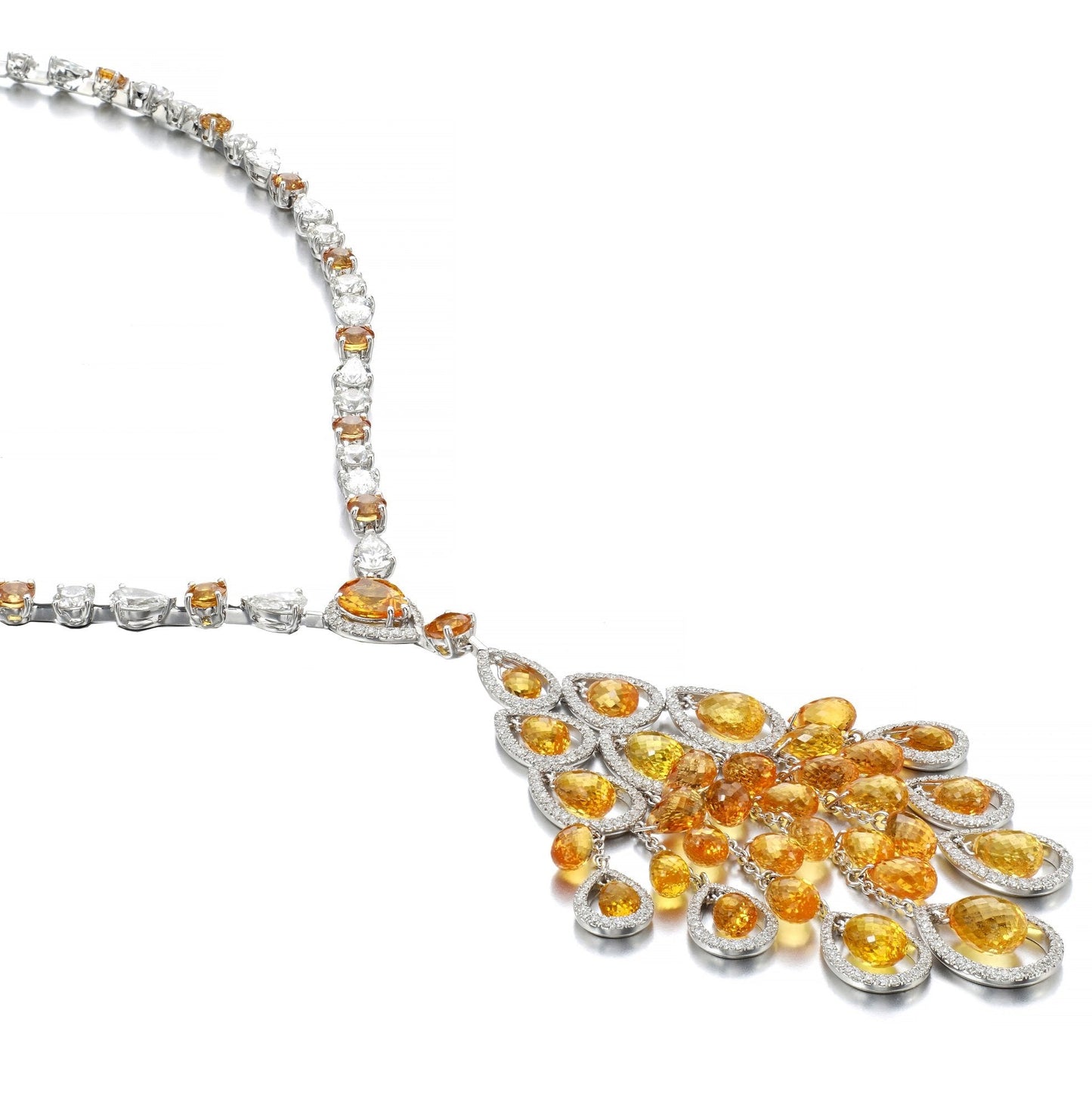 Graff Briolette Orange Sapphire Diamond White Gold Necklace