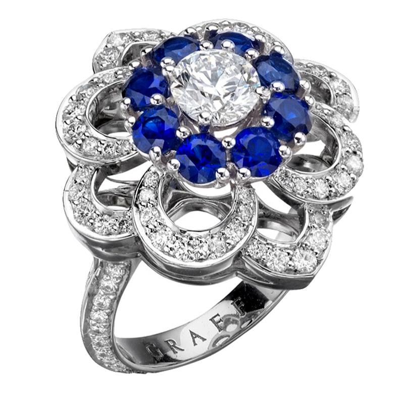 Graff Sapphire & Diamond Cocktail Platinum Rosette Ring Sz 5 1/2