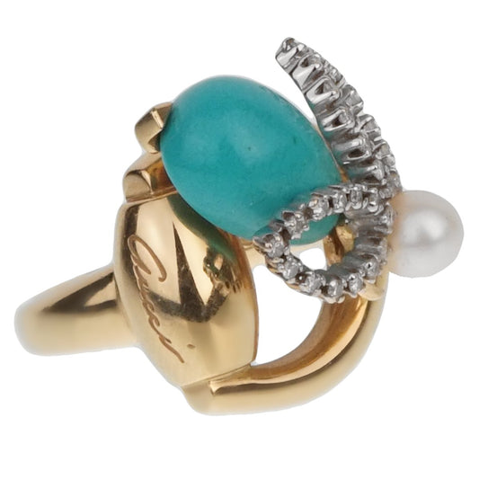 Gucci Diamond Horsebit Turquoise Pearl Yellow Gold Ring